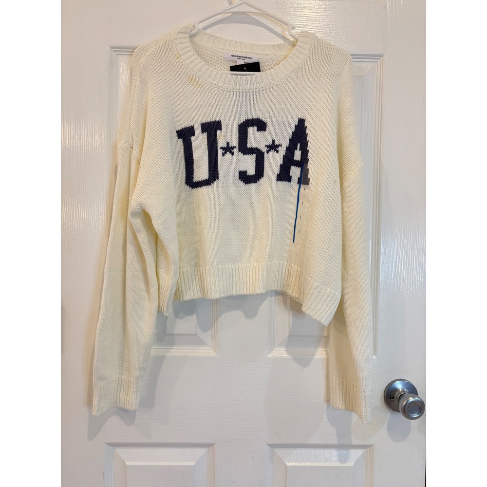 Grayson Threads USA Knit Cropped Sweater Top Off White Crew Neck Size‎ L